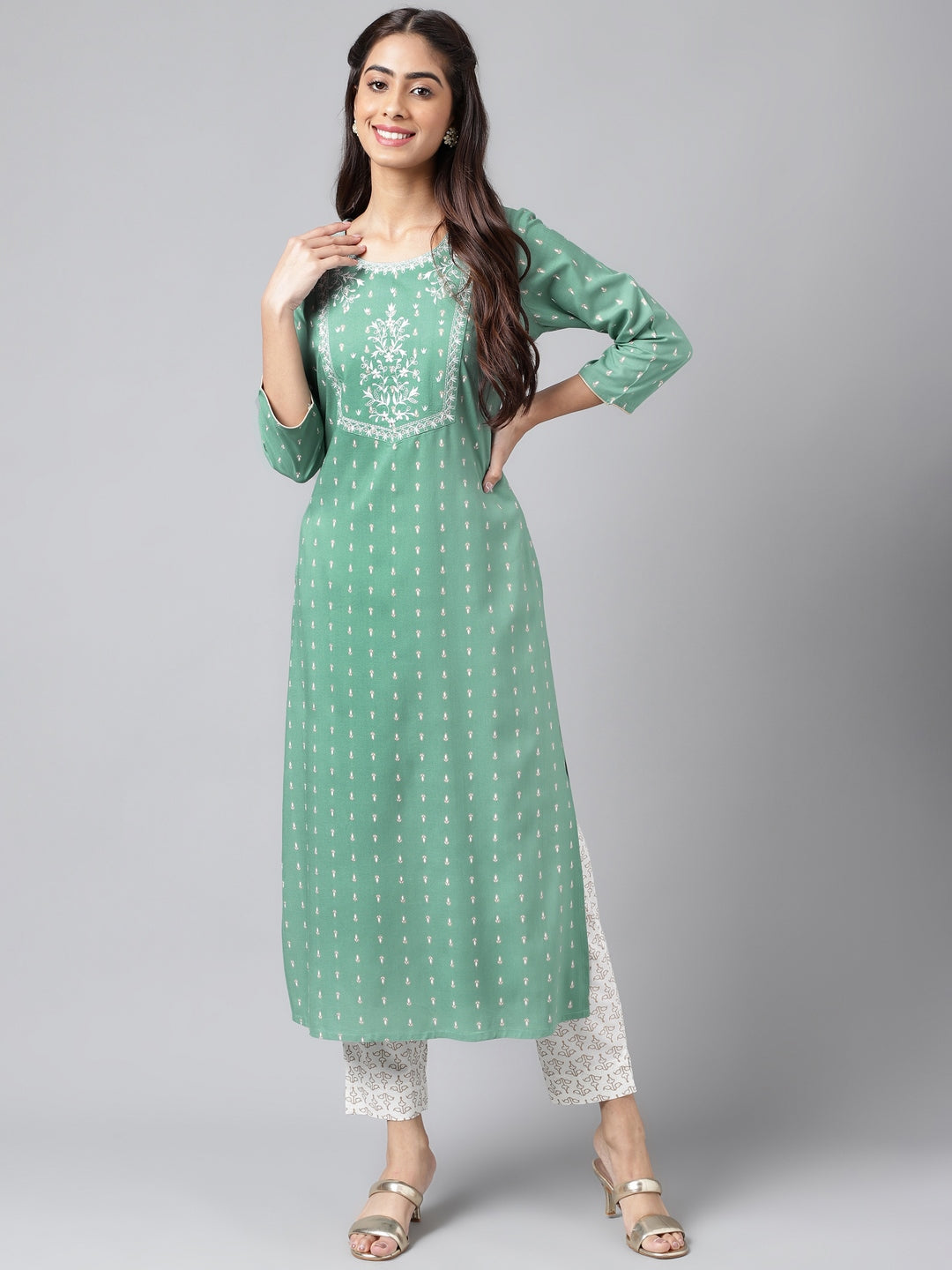 Janasya Women's Green Rayon Yoke Embroidered Straight Casual Kurta Set | Grocsy
