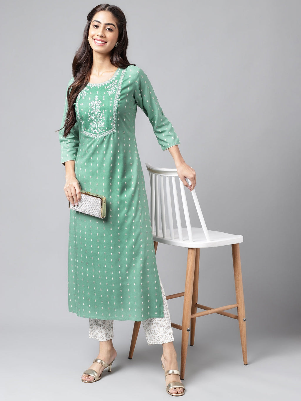 Janasya Women's Green Rayon Yoke Embroidered Straight Casual Kurta Set | Grocsy