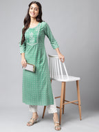 Janasya Women's Green Rayon Yoke Embroidered Straight Casual Kurta Set | Grocsy