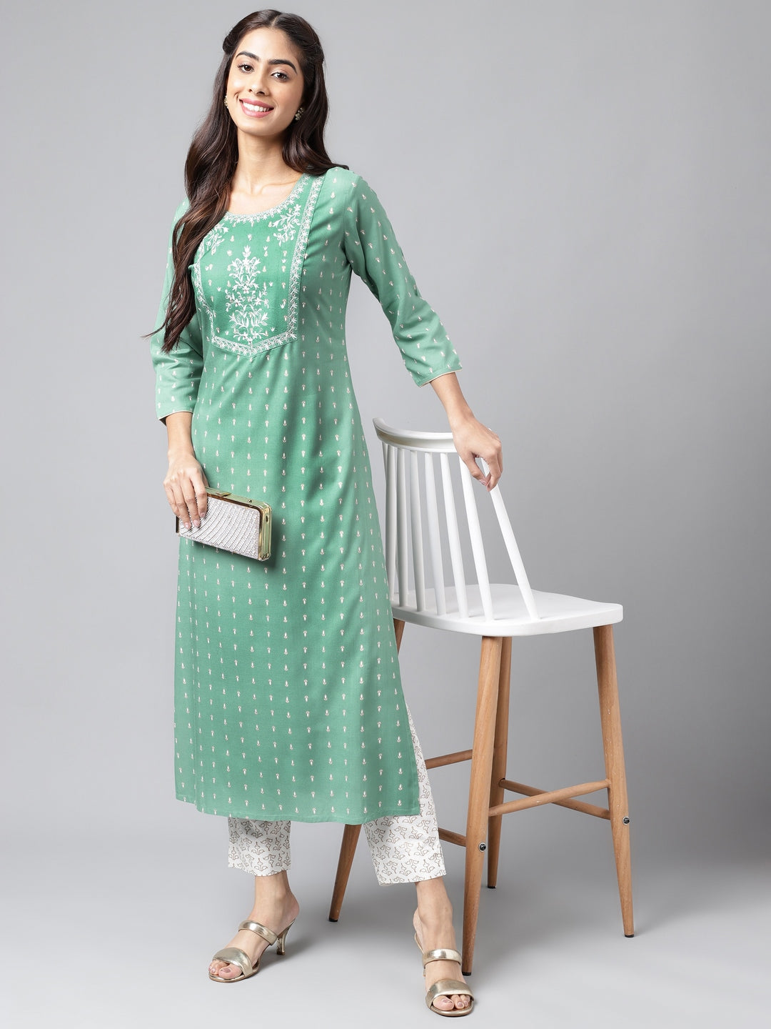 Janasya Women's Green Rayon Yoke Embroidered Straight Casual Kurta Set | Grocsy