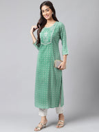 Janasya Women's Green Rayon Yoke Embroidered Straight Casual Kurta Set | Grocsy