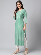 Janasya Women's Green Rayon Yoke Embroidered Straight Casual Kurta Set | Grocsy