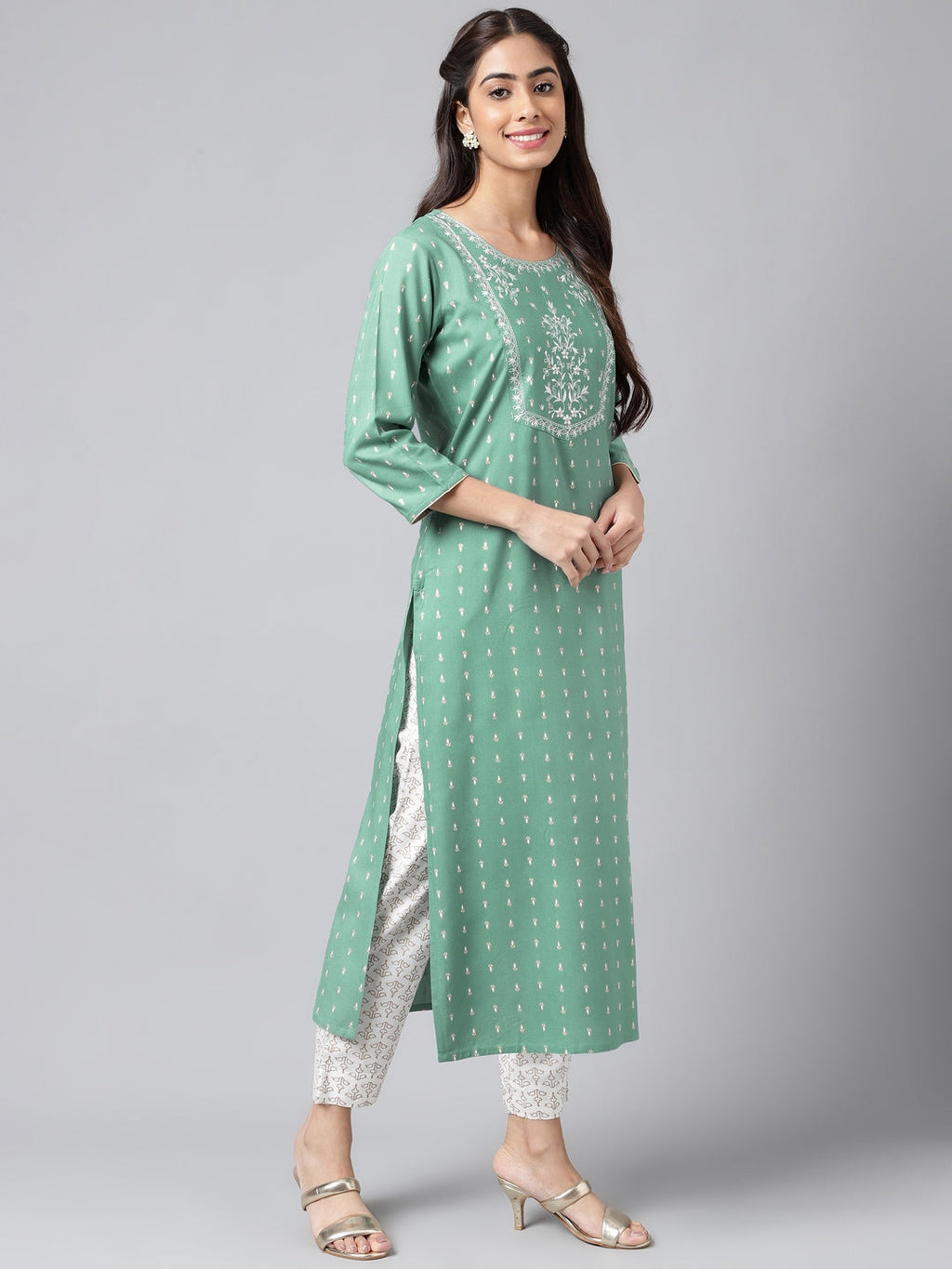 Janasya Women's Green Rayon Yoke Embroidered Straight Casual Kurta Set | Grocsy