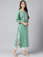 Janasya Women's Green Rayon Yoke Embroidered Straight Casual Kurta Set | Grocsy