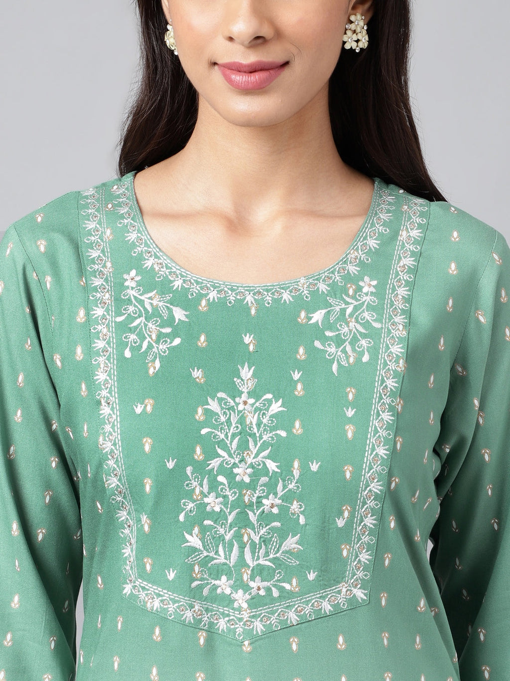 Janasya Women's Green Rayon Yoke Embroidered Straight Casual Kurta Set | Grocsy