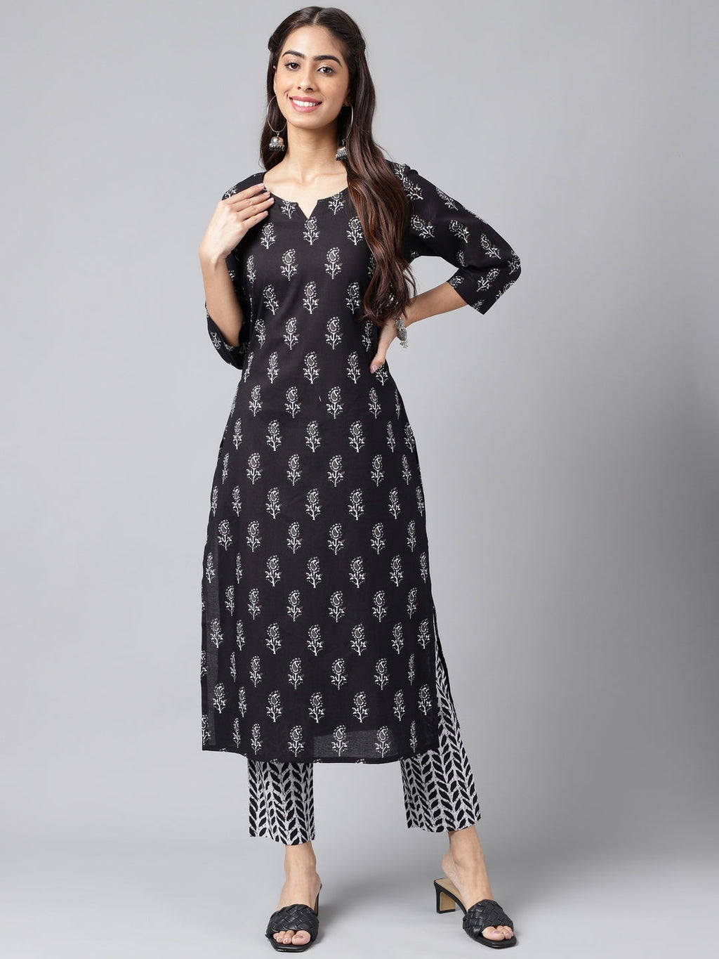 Janasya Women's Black Cotton Paisley Printed Straight Casual Kurta Set | Grocsy