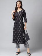 Janasya Women's Black Cotton Paisley Printed Straight Casual Kurta Set | Grocsy