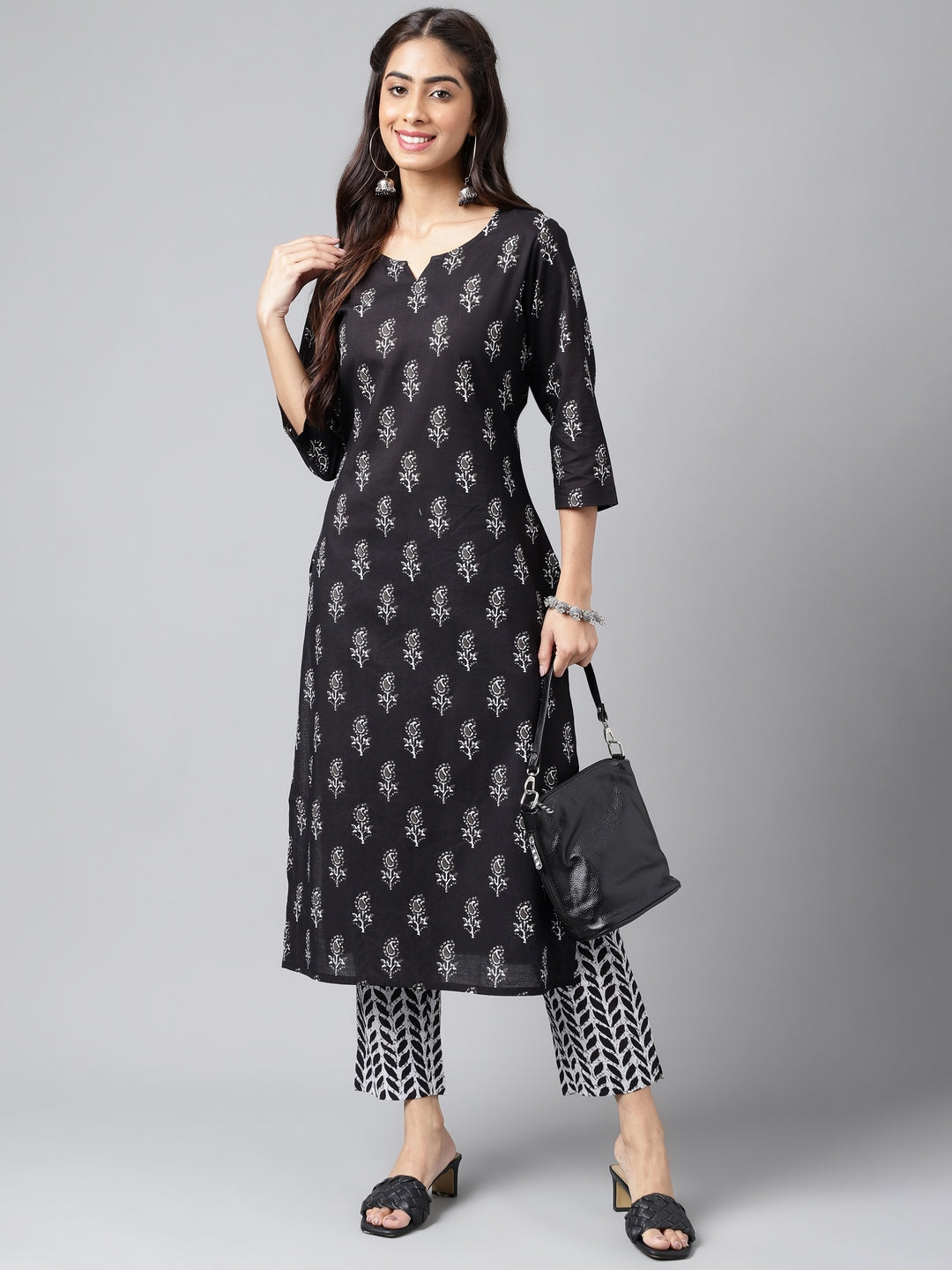 Janasya Women's Black Cotton Paisley Printed Straight Casual Kurta Set | Grocsy
