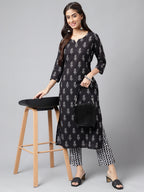 Janasya Women's Black Cotton Paisley Printed Straight Casual Kurta Set | Grocsy