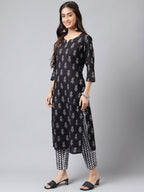 Janasya Women's Black Cotton Paisley Printed Straight Casual Kurta Set | Grocsy