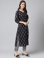 Janasya Women's Black Cotton Paisley Printed Straight Casual Kurta Set | Grocsy