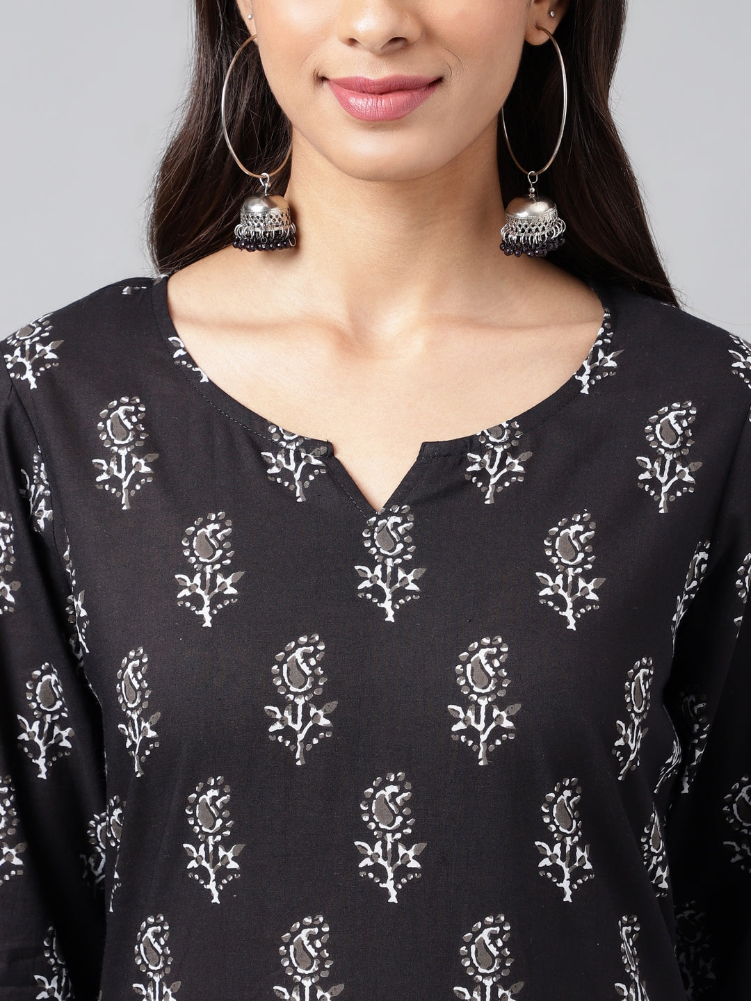 Janasya Women's Black Cotton Paisley Printed Straight Casual Kurta Set | Grocsy