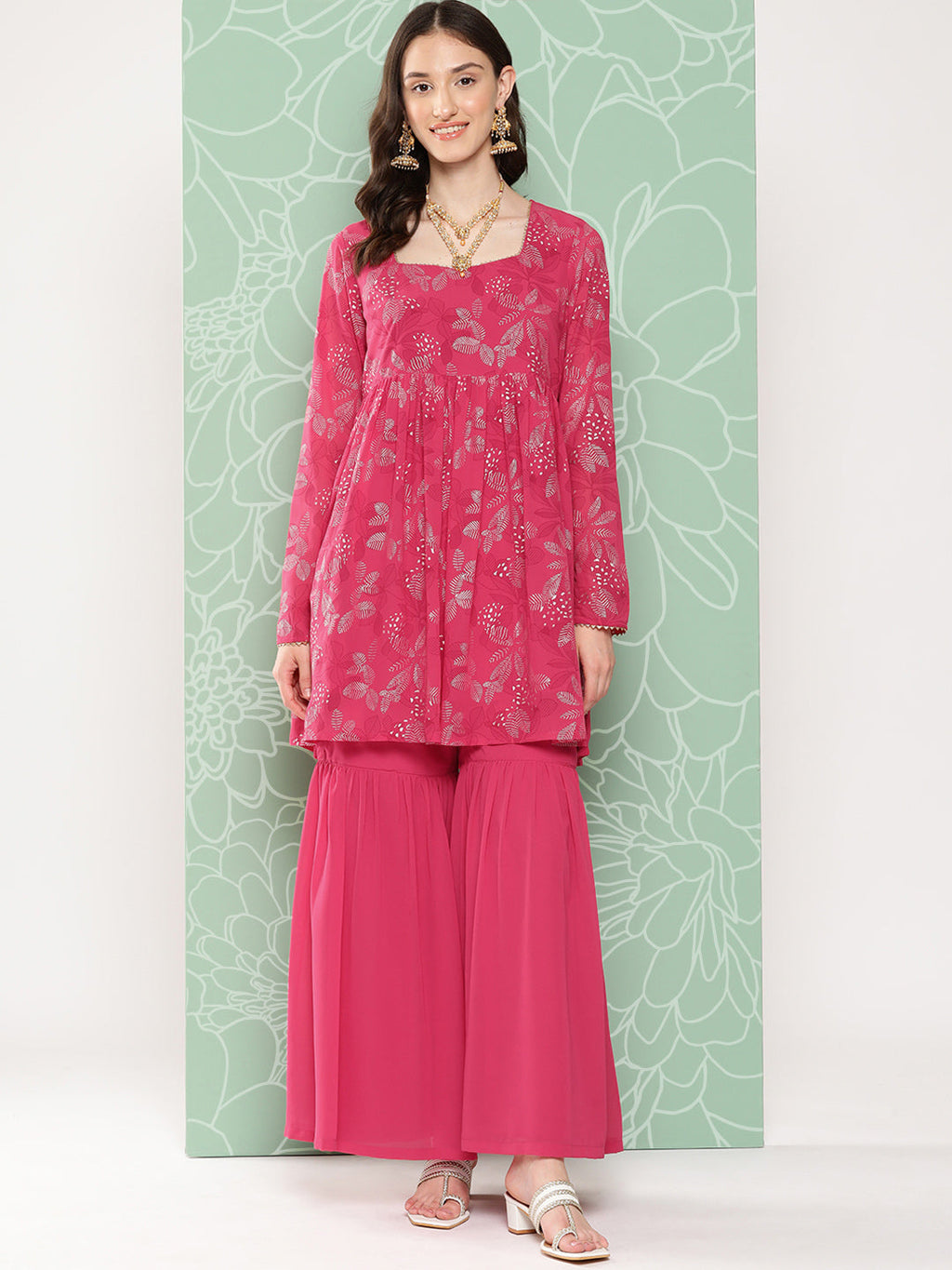 Janasya Women's Pink Georgette Foil Printed Flared Festive Short Kurta Set | Grocsy