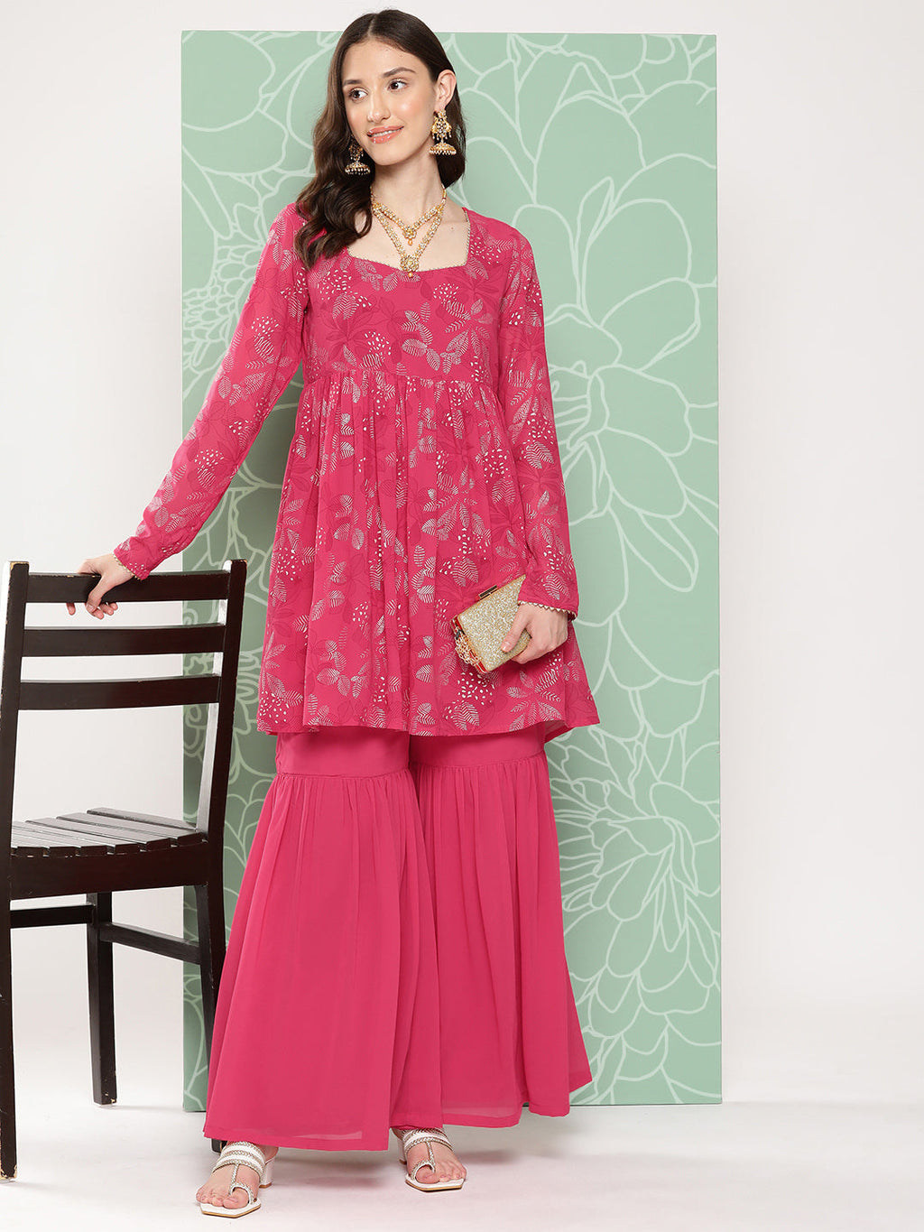 Janasya Women's Pink Georgette Foil Printed Flared Festive Short Kurta Set | Grocsy