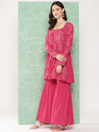 Janasya Women's Pink Georgette Foil Printed Flared Festive Short Kurta Set | Grocsy