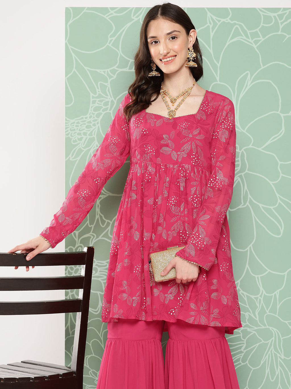 Janasya Women's Pink Georgette Foil Printed Flared Festive Short Kurta Set | Grocsy