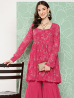Janasya Women's Pink Georgette Foil Printed Flared Festive Short Kurta Set | Grocsy