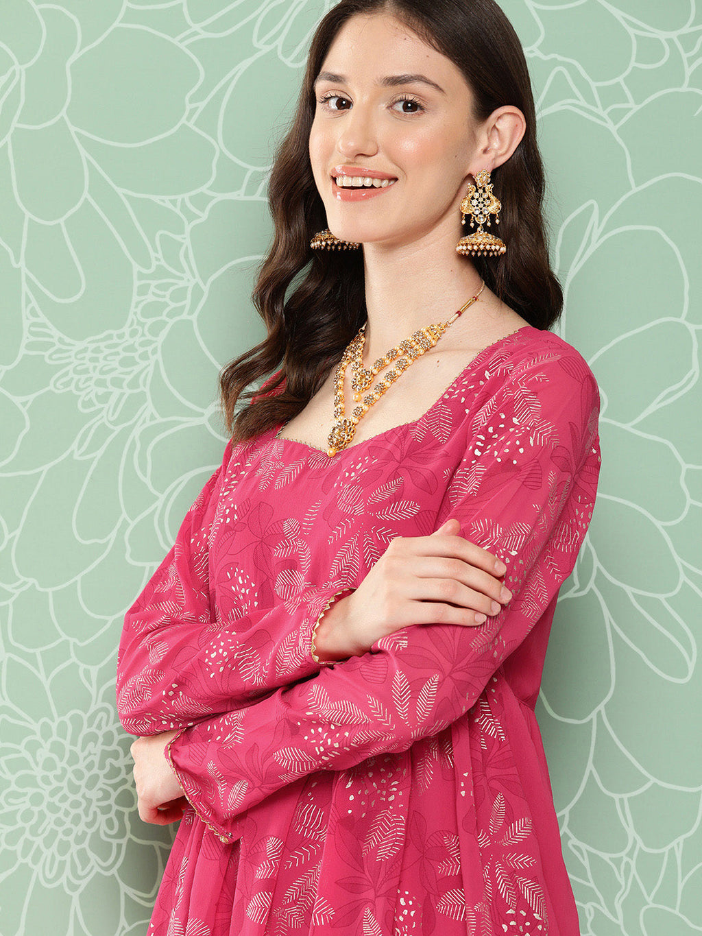 Janasya Women's Pink Georgette Foil Printed Flared Festive Short Kurta Set | Grocsy