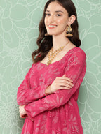 Janasya Women's Pink Georgette Foil Printed Flared Festive Short Kurta Set | Grocsy