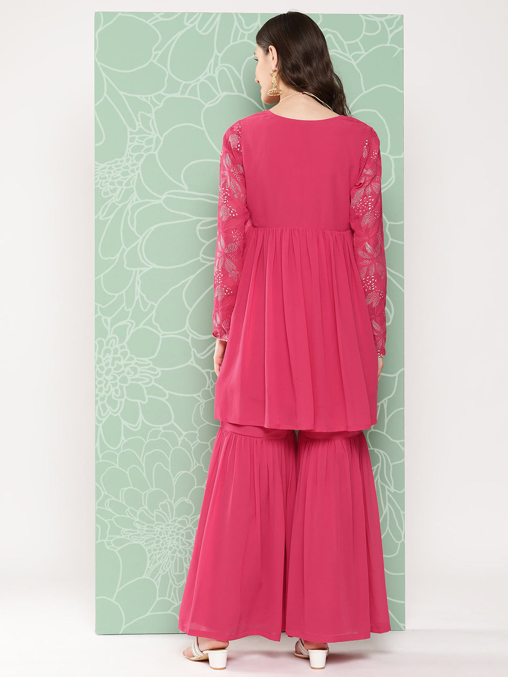 Janasya Women's Pink Georgette Foil Printed Flared Festive Short Kurta Set | Grocsy