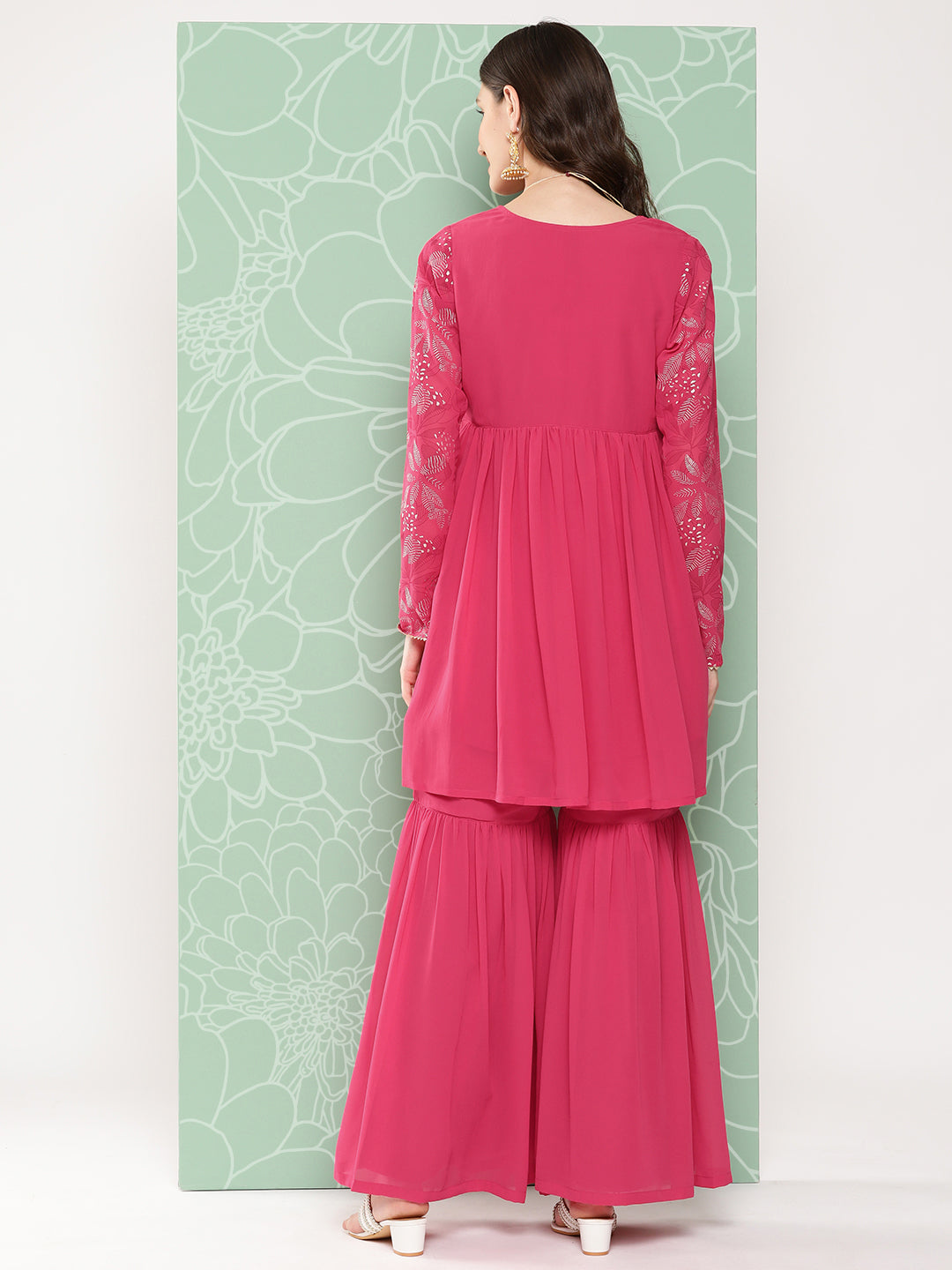 Janasya Women's Pink Georgette Foil Printed Flared Festive Short Kurta Set | Grocsy