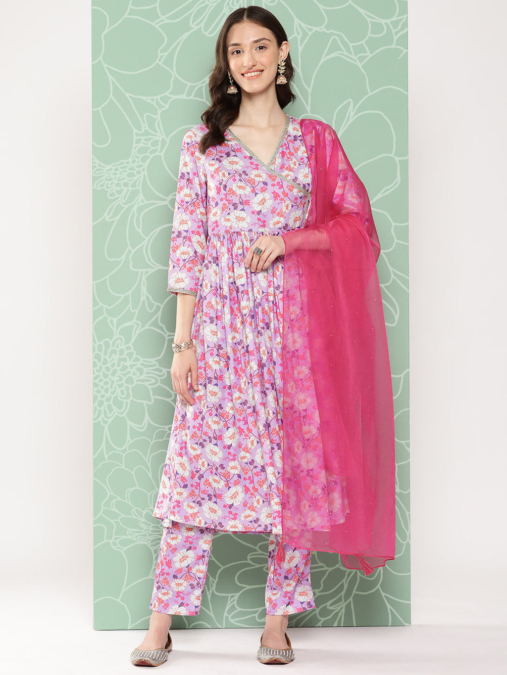 Janasya Women's Lavender Moss Digital Floral Printed Angrakha Festive Kurta Set | Grocsy