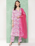 Janasya Women's Lavender Moss Digital Floral Printed Angrakha Festive Kurta Set | Grocsy