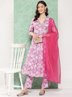 Janasya Women's Lavender Moss Digital Floral Printed Angrakha Festive Kurta Set | Grocsy