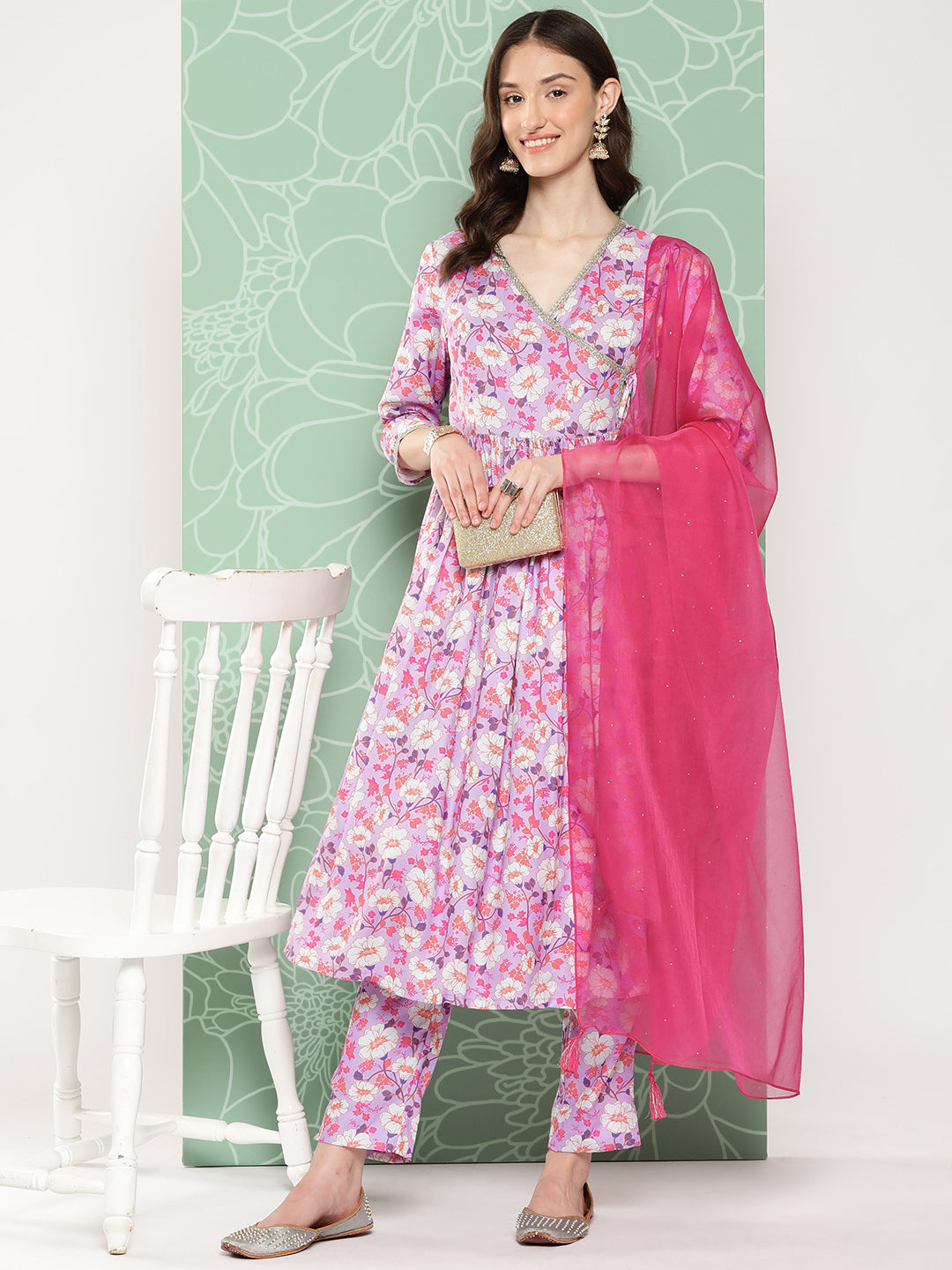 Janasya Women's Lavender Moss Digital Floral Printed Angrakha Festive Kurta Set | Grocsy