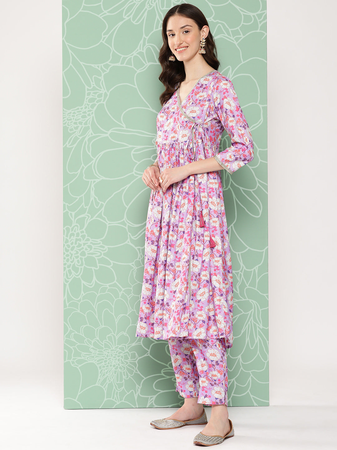 Janasya Women's Lavender Moss Digital Floral Printed Angrakha Festive Kurta Set | Grocsy