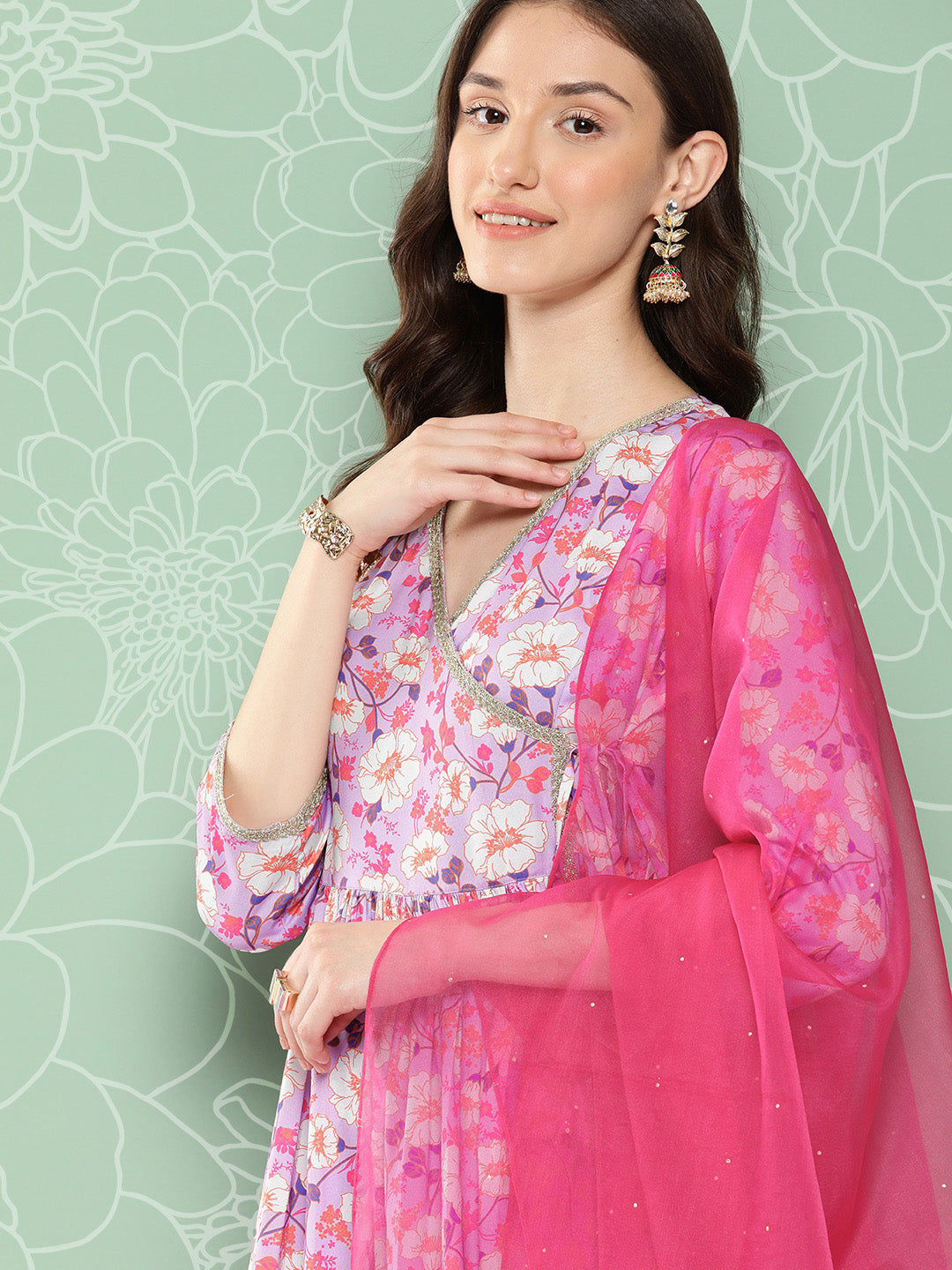 Janasya Women's Lavender Moss Digital Floral Printed Angrakha Festive Kurta Set | Grocsy