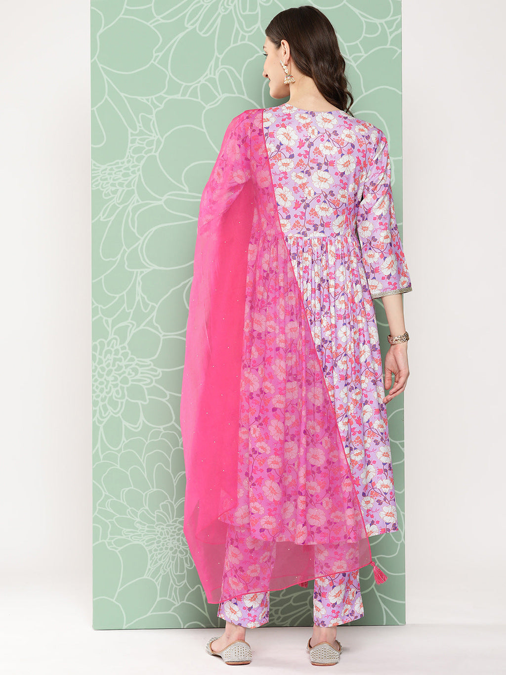 Janasya Women's Lavender Moss Digital Floral Printed Angrakha Festive Kurta Set | Grocsy
