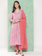 Janasya Women's Lavender Moss Digital Floral Printed Tiered Festive Kurta Set | Grocsy