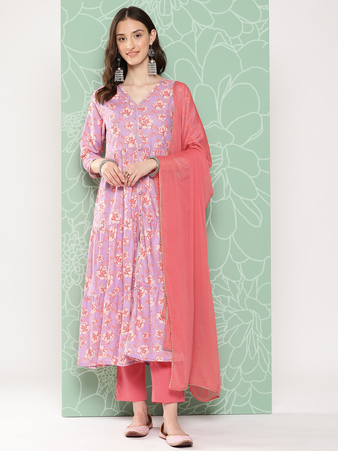Janasya Women's Lavender Moss Digital Floral Printed Tiered Festive Kurta Set | Grocsy