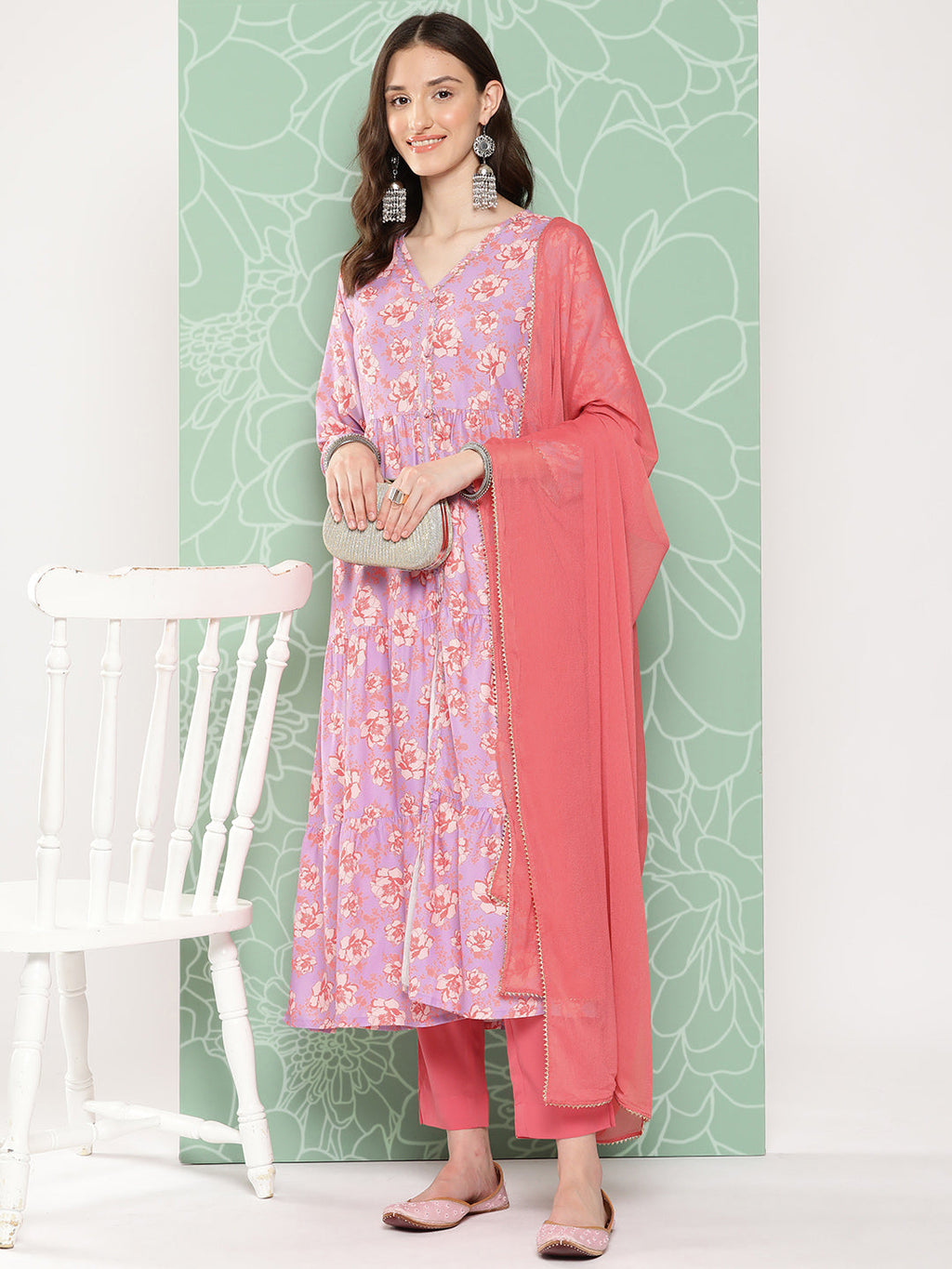 Janasya Women's Lavender Moss Digital Floral Printed Tiered Festive Kurta Set | Grocsy