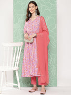 Janasya Women's Lavender Moss Digital Floral Printed Tiered Festive Kurta Set | Grocsy