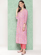 Janasya Women's Lavender Moss Digital Floral Printed Tiered Festive Kurta Set | Grocsy