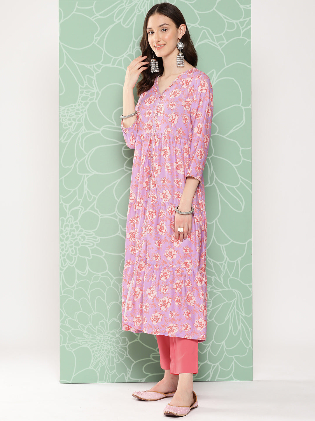 Janasya Women's Lavender Moss Digital Floral Printed Tiered Festive Kurta Set | Grocsy