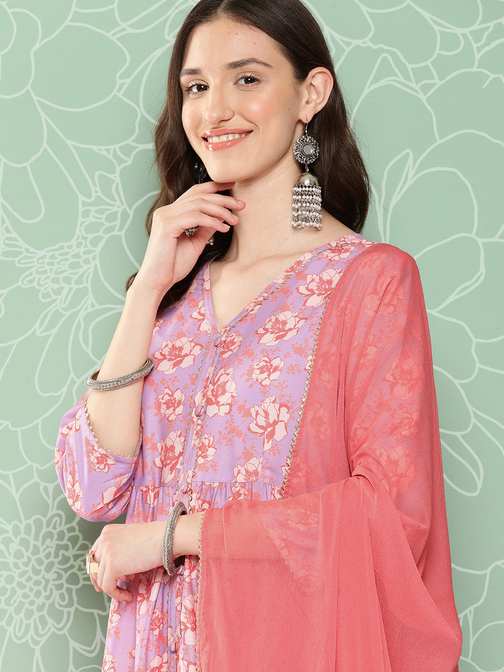 Janasya Women's Lavender Moss Digital Floral Printed Tiered Festive Kurta Set | Grocsy