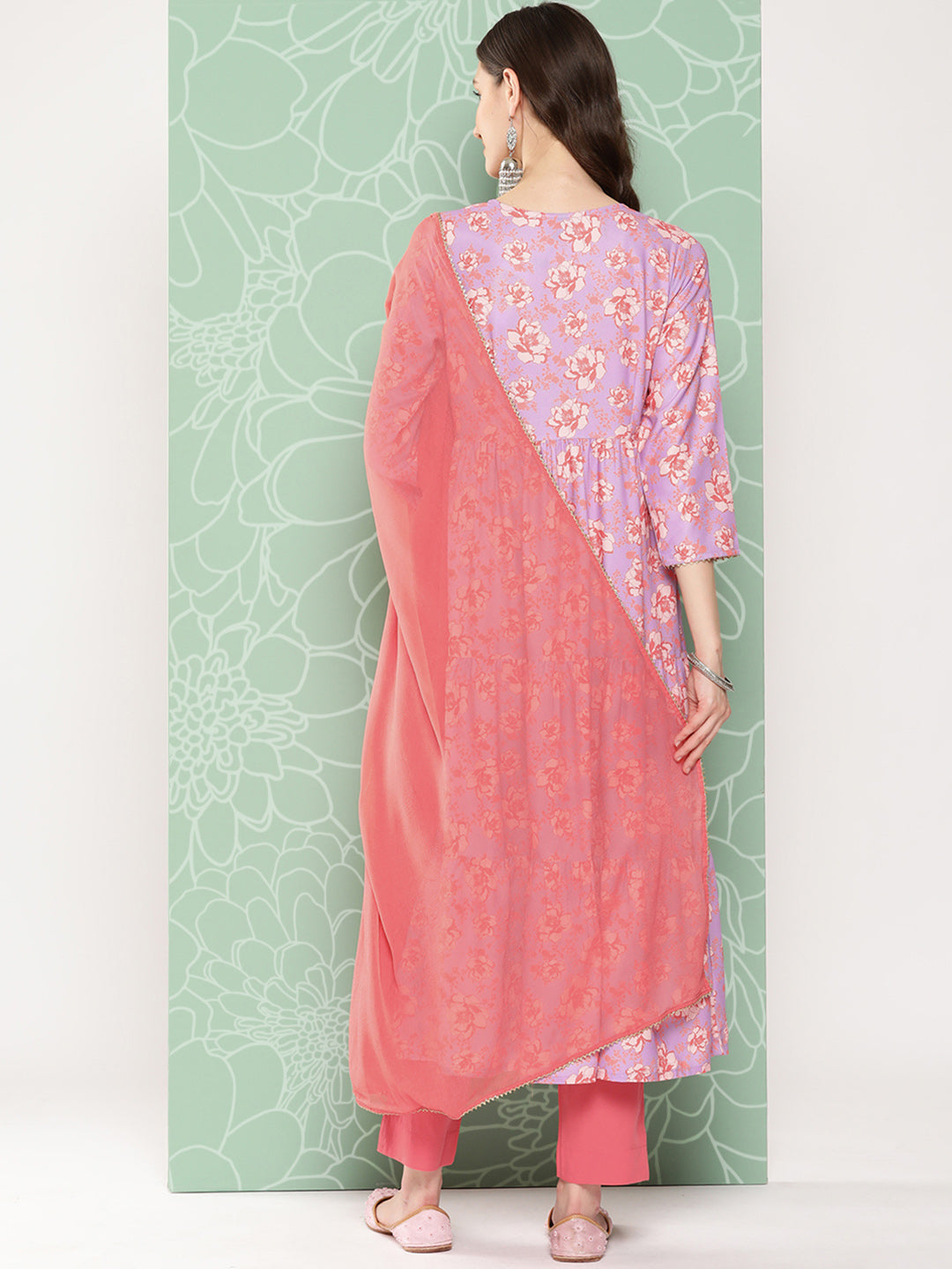 Janasya Women's Lavender Moss Digital Floral Printed Tiered Festive Kurta Set | Grocsy