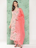 Janasya Women's Peach Moss Digital Floral Printed Flared Festive Kurta Set | Grocsy