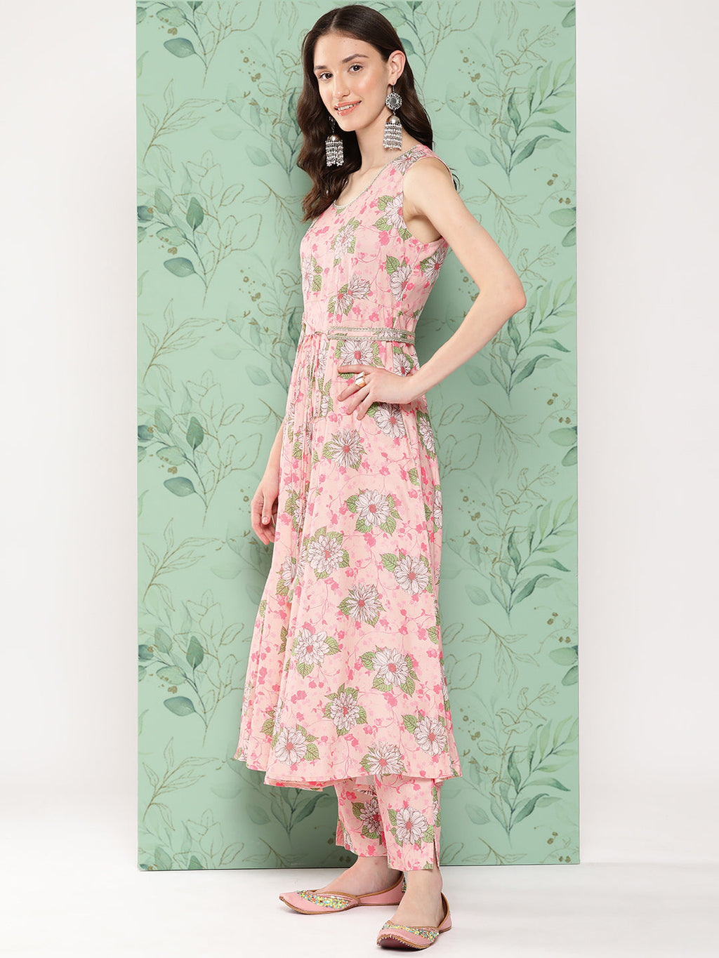 Janasya Women's Peach Moss Digital Floral Printed Flared Festive Kurta Set | Grocsy
