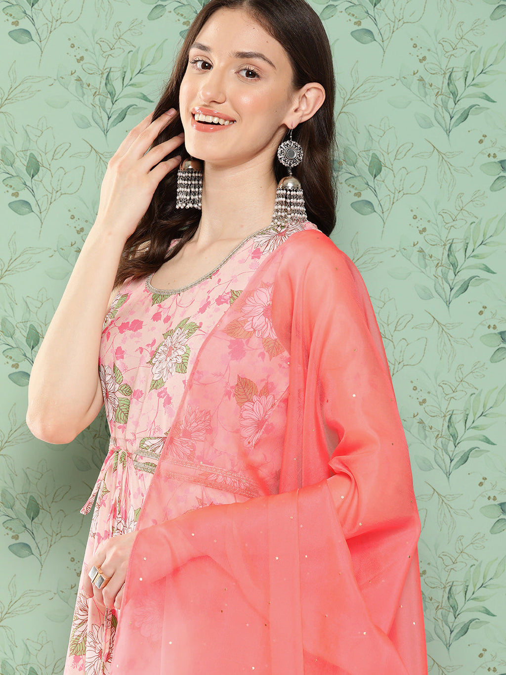 Janasya Women's Peach Moss Digital Floral Printed Flared Festive Kurta Set | Grocsy
