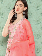 Janasya Women's Peach Moss Digital Floral Printed Flared Festive Kurta Set | Grocsy