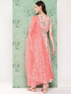 Janasya Women's Peach Moss Digital Floral Printed Flared Festive Kurta Set | Grocsy