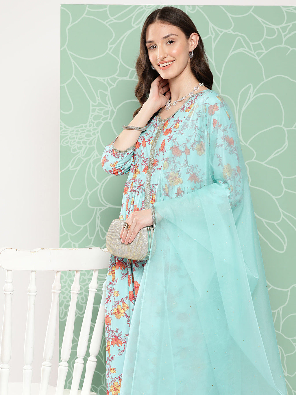 Janasya Women's Aqua Blue Moss Digital Floral Printed Gathered Festive Kurta Set | Grocsy