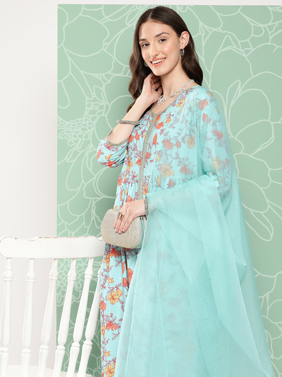 Janasya Women's Aqua Blue Moss Digital Floral Printed Gathered Festive Kurta Set | Grocsy