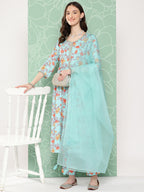 Janasya Women's Aqua Blue Moss Digital Floral Printed Gathered Festive Kurta Set | Grocsy