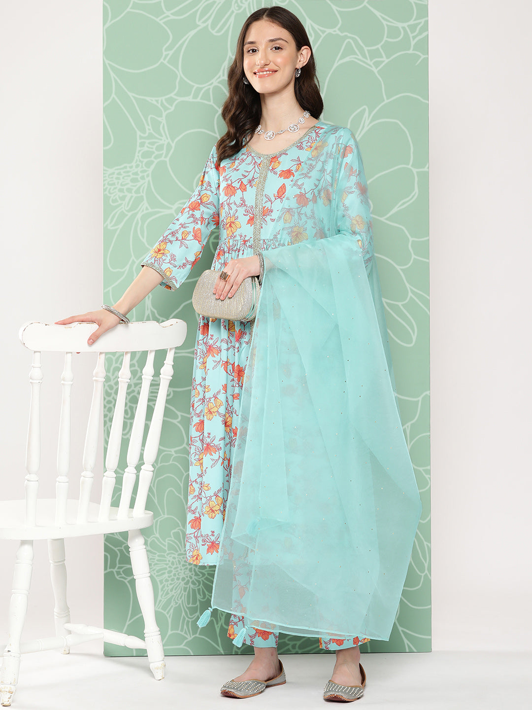 Janasya Women's Aqua Blue Moss Digital Floral Printed Gathered Festive Kurta Set | Grocsy