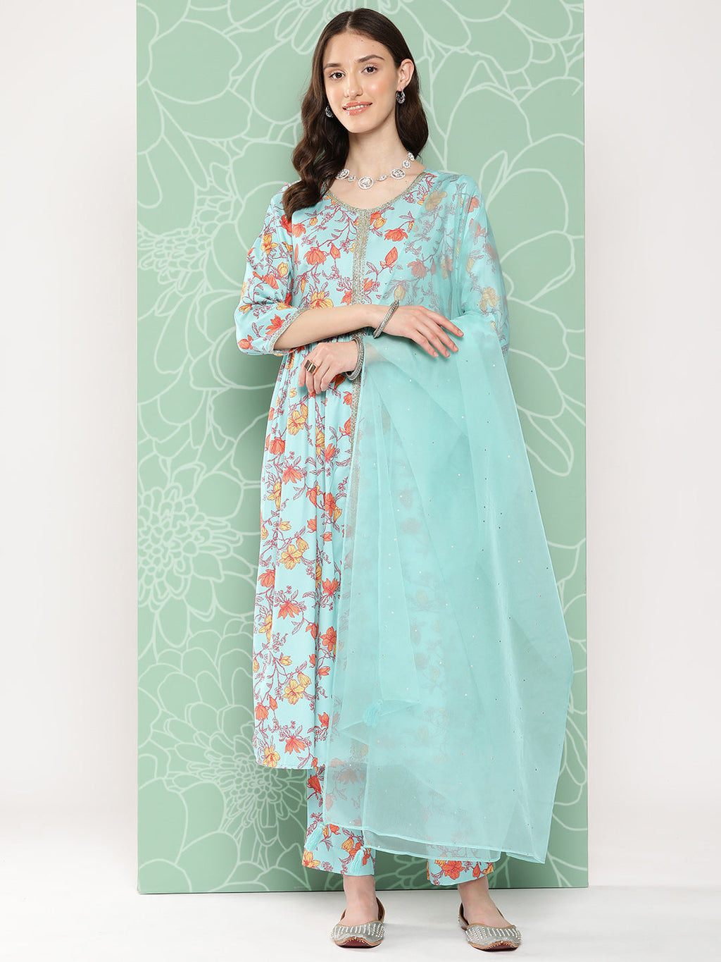 Janasya Women's Aqua Blue Moss Digital Floral Printed Gathered Festive Kurta Set | Grocsy